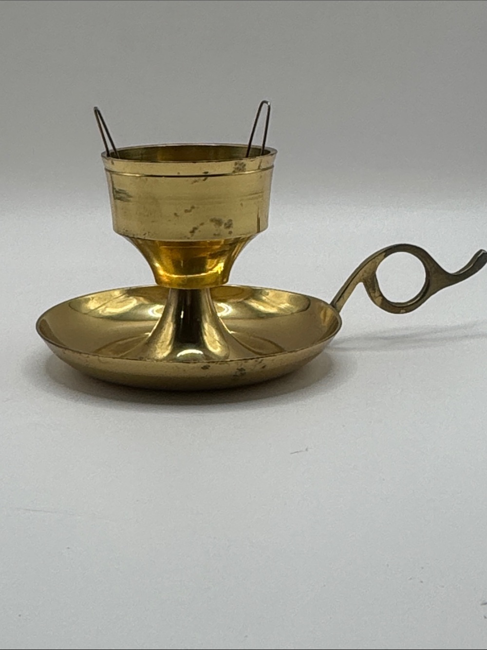 Vintage brass chamberstick candle holder finger loop